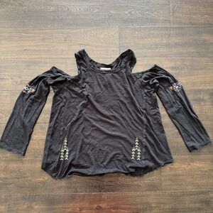 Caite Shirt Women's Size Small Embroidered Cold Shoulder Boho Festival Top Black